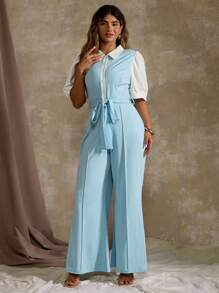 Flirla Plus Size Business Style Contrast Color Button Up Front Short Sleeve Jumpsuit With Belt - Blue - View 3