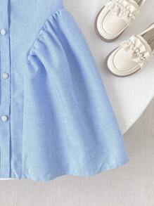 SHEIN Gaun Fashion Musim Panas Warna Biru Tua dengan Tali Serut di Pinggang, Kerah Peter Pan, dan Lengan Mengembang untuk Anak Perempuan Remaja - Biru - View 7