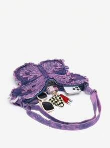 ROMWE Fairycore 女士 Y2K 复古做旧蝴蝶水洗牛仔布大容量托特包单肩斜挎包背包