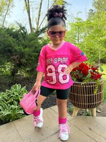 Young Girl Woven Stitching Numeric & Letter Graphic Loose Casual T-Shirt, Sports Jersey - Pink - View 4