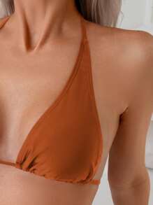 1件套女士纯色挂脖比基尼套装 - 紅木色 - 查看 4