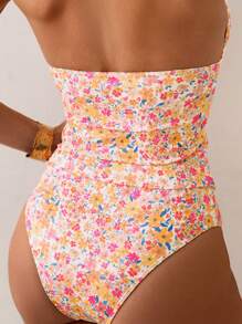 SHEIN Swim 女式碎花 V 领荷叶边两件套泳衣，休闲舒适的度假泳装 - 彩色 - 查看 5
