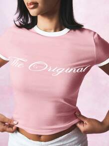 SUMWON WOMEN The Original Logo Cropped Ringer T-Shirt Retro 90s Style Summer Festival Top Baby Tee Y2K Fashion Fitted Basic Tee Essential Streetwear Casual - Baby Pink - View 4