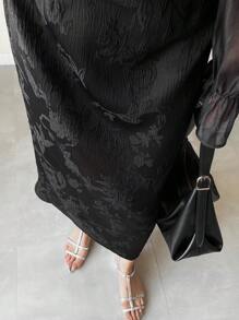 FRIFUL Women's Solid Black Patchwork Sheer Fabric Fitted Midi Dress, Long Dress, Business Casual Dress, Suitable For Holidays