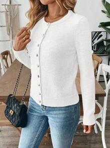 EMERY ROSE 女式纯色前开式休闲长袖白色开衫