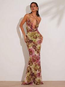 SHEIN BAE Women's Summer Vacation Retro Floral Print One Shoulder Mermaid Hem Dress - Green - View 4