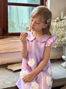 SHEIN Young Girl 4-7Y Elegant Luxurious Sweet Cute 3D Flower Embroidered Collar Cap Sleeve Princess Dress, Formal Party Dress Suitable For Holiday Celebration, Birthday Party, Photo Shoot, Outdoor Activity, Vacation, Daily Wear, Spring/Summer - Purple - View 4