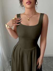 Elenzga 女士方领 A 字腰修身中长连衣裙，秋冬欧式风格 - 軍綠色 - 查看 6