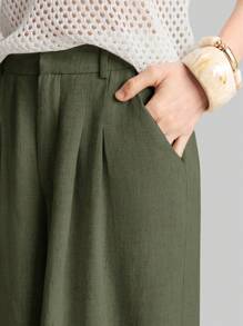 Ontre 2025秋季女士休闲宽松褶裥阔腿裤，适合波西米亚风、度假、节日、商务休闲、海滩、生日派对、教师节、圣诞节等场合穿着 - 軍綠色 - 查看 5