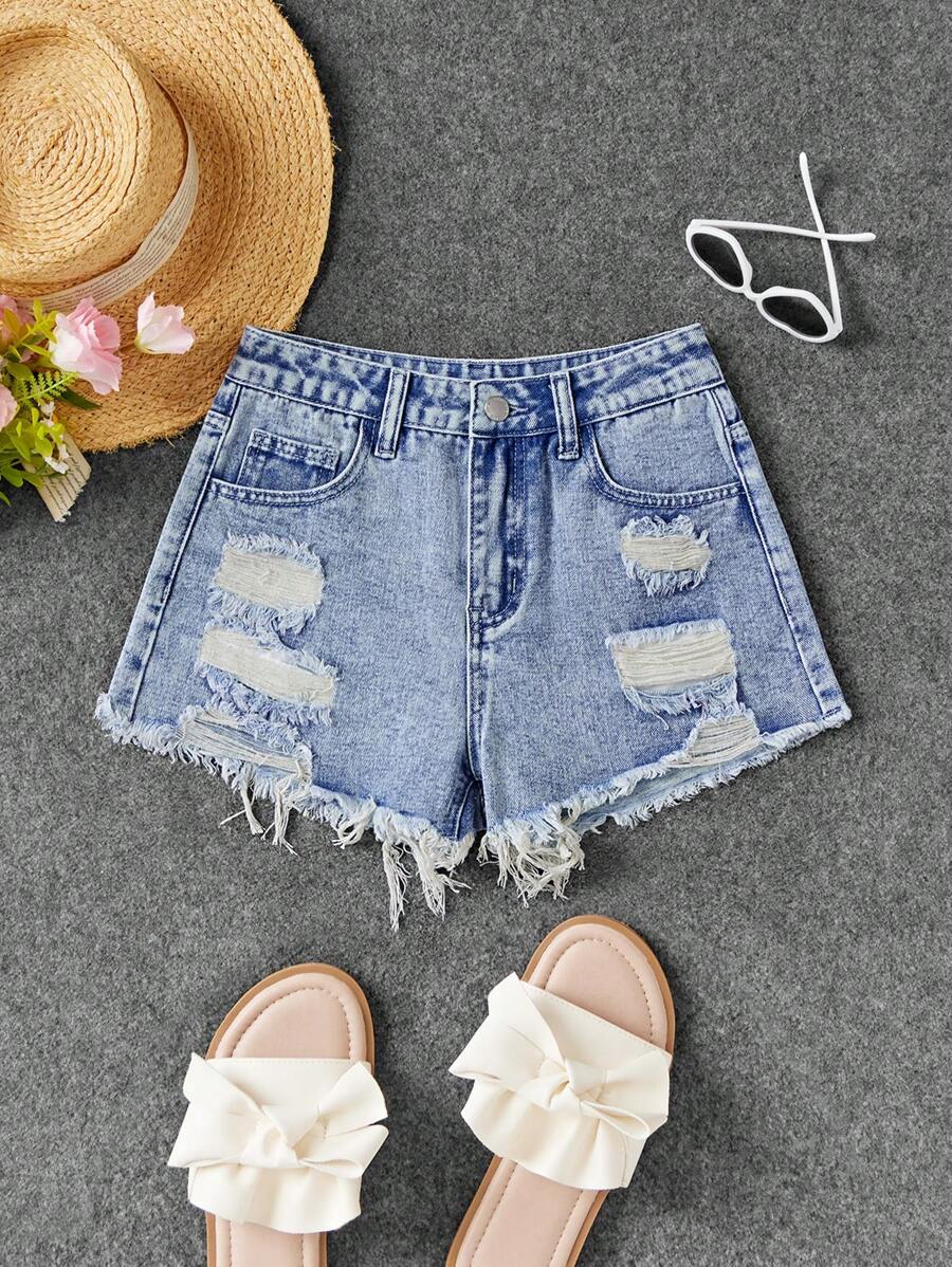 SHEIN Quần short denim họa tiết trang trí rách rưới cho bé gái tuổi teen - Rửa nhẹ - Xem 1
