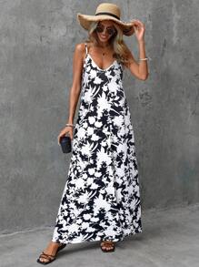 EMERY ROSE Women's Sleeveless V-Neck Full Print Casual Long Dress, Summer - Black and White - View 4