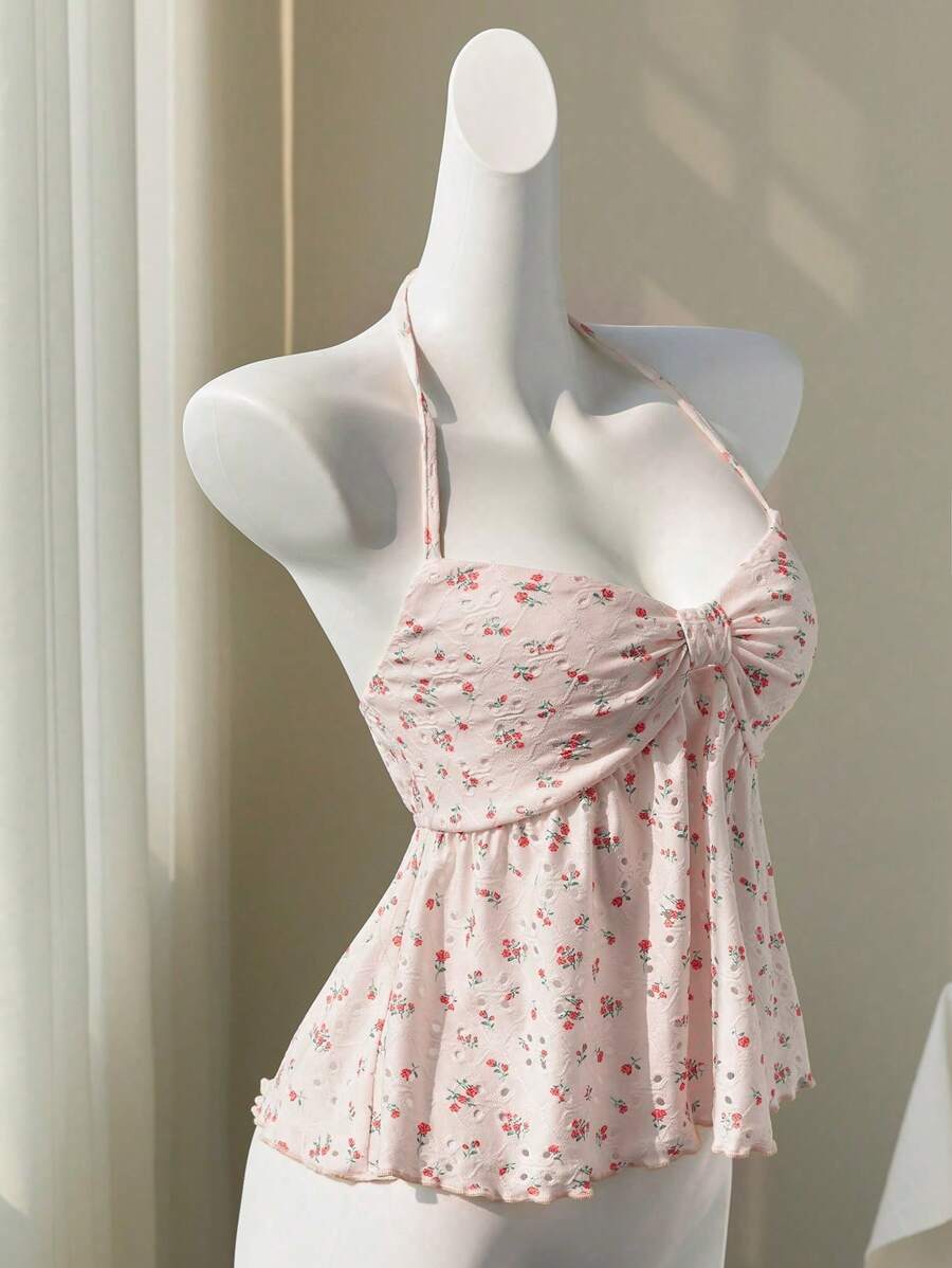 Elamini Ditsy Floral 镂空 V 领露背荷叶边吊带背心 - 彩色 - 查看 1