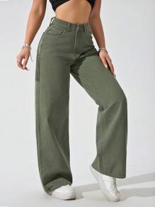 Jeanoix Pantalones vaqueros casuales de unicolor simple para mujer - Verde militar - Ver 6