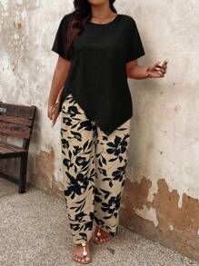 EMERY ROSE 2pcs Plus Size Women Set: Solid Color Asymmetrical Hem Top & Printed Contrast Color Pants
