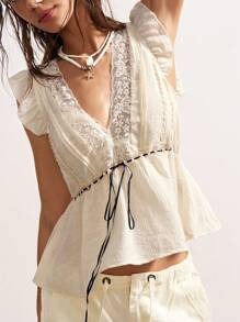 Bohemela Women Boho Style Solid Color V-Neck Fitted Blouse, Casual Holiday Wear, Summer