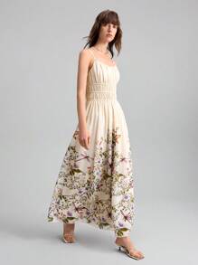 Ontre 2025 Summer Women'sLong Floral Print Ruched Bust Strap Dress, Suitable For June Holidays, Independence Day, St. John's Day, Beach, Vacation, Graduation, Office, Beach Wear, Holiday, Tea Party, Party