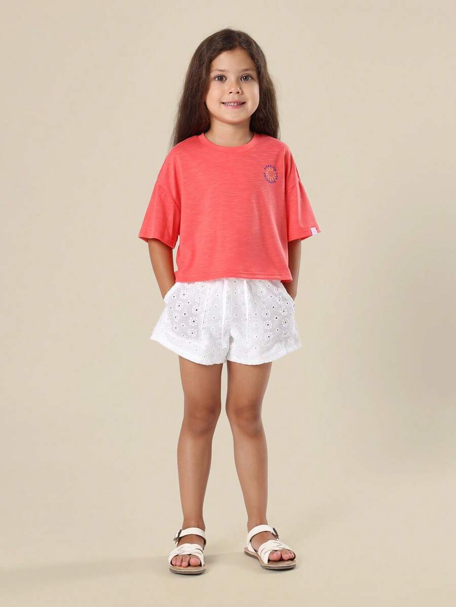 SUMWON 夏季英式刺绣套装蝴蝶袖休闲玩乐假日海滩度假儿童玩耍装 - 西瓜粉 - 查看 1