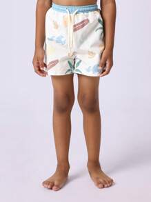 SUMWON 复古夏季海滩印花泳裤儿童泳池短裤夏威夷风格棕榈树冲浪板海浪图案弹性腰带抽绳开合