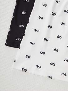 SHEIN 2件套蝴蝶结印花女士休闲睡衣裤套装，秋冬服装 - 黑與白 - 查看 7