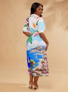 SHEIN SXY Vestido de talla grande para mujer de primavera y verano, elegante y sexy, con estampado de playa y vacaciones, de manga farol y manga abullonada, con cinturón a juego incluido, adecuado para uso diario