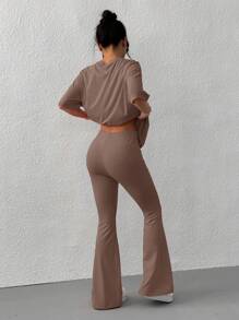 SHEIN EZwear Women Embroidered Letter Round Neck Dolman Sleeve Top And Flare Pants Set Brown - Coffee Brown - View 2