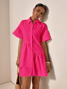 Zivah 束腰鈕扣設計寬鬆夏季休閒連衣裙 - 玫紅色 - 查看 3