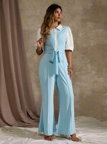 Flirla Plus Size Business Style Contrast Color Button Up Front Short Sleeve Jumpsuit With Belt - Blue - View 5