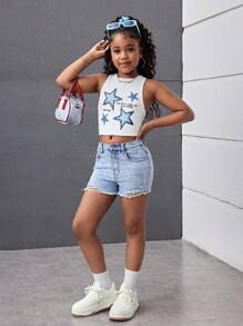 千禧少女春夏休闲浅色水洗高腰破洞毛边牛仔短裤，适合夏季海滩波西米亚风度假、夏季音乐会、音乐节、锐舞派对、夏季早午餐、教堂毕业典礼等场合，街头风，返校季必备 - 淺色水洗藍 - 查看 3