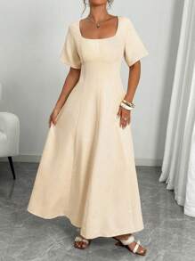 Elenzga Đầm Maxi Tay Dài Dáng Chữ A Cổ Vuông Xẻ Rẽ Phía Trước Mùa Xuân/Hè Màu Trơn Thanh Lịch Cho Nữ Công Sở/Tiệc Tụy - Màu be - Xem 4