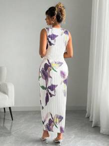 Elenzga 夏季大码花卉印花无袖束腰时尚连衣裙