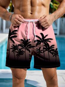 Manfinity Swimmode Men's Palm Tree Print Drawstring Waist Pockets Casual Beach Shorts Men Swim Trunks Cute Style Casual Outdoor Beach Shorts, Hawaiian BeachModeOn - Pink - View 1