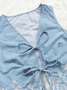 Soleia 条纹刺绣系带女士背心，适合节日、约会、下午茶、度假、音乐节、海滩、夏季、波西米亚风、钩针编织、亚麻布，