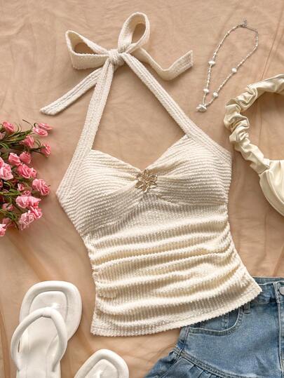 Soleia WYWH 女式露背 V 领花卉金属扣无袖针织纹理修身背心，适合节日、约会、休闲下午茶、派对、音乐节、波西米亚风度假