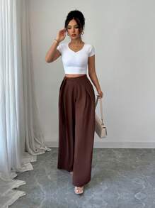Elenzga Women's Elegant Everyday Pleated Tie Asymmetrical Coffee Color Suit Pants