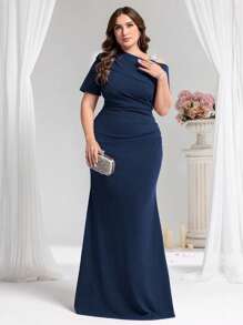 Coutiva Plus Size Asymmetrical Beaded Formal Evening Gown, Party Dress, For Wedding Guest - Navy Blue - View 6
