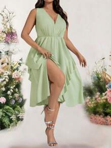 Bellastra Plus Size Women Green Ruffled Hem Split Hem Dress - Green - View 7