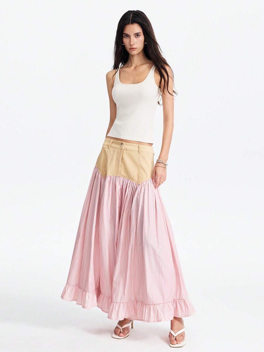 LYSMO Váy chữ A kẻ sọc bất đối xứng, viền bèo nhún, họa tiết hoa văn mới xuân hè 2025 dành cho nữ, phong cách trẻ trung, giản dị, hoàn hảo cho việc đi làm hàng ngày - Nhiều màu - Xem 1