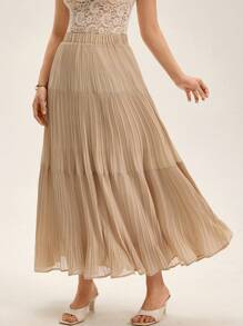 Aveloria Rosie Elegant French Design 3-Tier Pleated A-Line High-Waisted Casual Versatile Women's Skirt Fall Cloth For Women - Beige - View 6