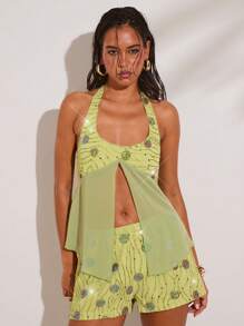 SHEIN BAE 女士串珠花卉吊带背心/露背系带度假夏季上衣，适合春夏休闲聚会、下午茶、婚礼宾客、海岛度假，绿色 - 綠色 - 查看 5