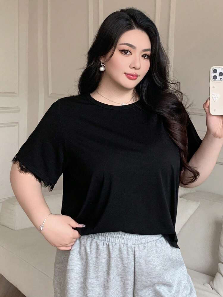Dazy Plus Plus Size Plain Crew Neck Lace Splice Loose Black Short Sleeve T-Shirt Casual Tops For Women Preppy Tops