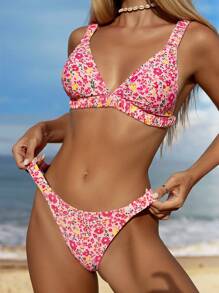 Swim Mod New Women Swimsuit Set, Random Floral Print Top With Thick Straps And Random Floral Print High Cut Bottoms For Summer Beach Vacation