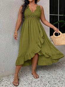 SHEIN VCAY Plus Size Contrast Lace Ruffle Hem Cami Dress, Vacation Casual - Army Green - View 4