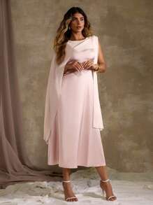 Plus Size Solid Color Draped Split Sleeve Elegant Summer Dress - Pink - View 3