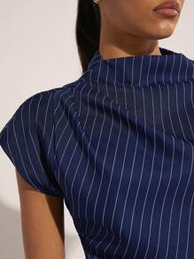 COSMINA Women's Summer Fashion Striped Ruched Waist Blouse - Navy Blue - View 6