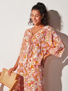 LUVLETTE Soft Rayon Pink Romantic Paisley Vacation Patterned Short-Sleeve Basic Bow Tie Rope Top & Pants Loungewear Airy Pajama Set Pants With Pockets Bridal Intimates - Dusty Pink - View 9