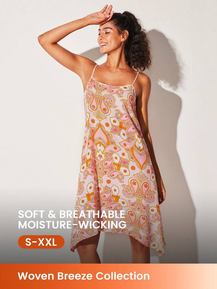 Lingerie Nupcial Íntima Suave de Rayon Rosa com Estampa Romântica de Paisley para Férias, Vestido Camisola Arejado com Alças e Laço, Pijamas Femininos Sexy e Subversivos para Primavera e Verão