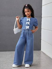 Firerie Kids Firerie Kids Conjunto de top con botones y volantes en las mangas y pantalones vaqueros anchos y sueltos para niñas preadolescentes, ideal para primavera y verano, atuendos casuales versátiles para conciertos, festivales, brunch de verano, iglesia, graduación y regreso a la escuela - Azul lavado medio - Ver 6