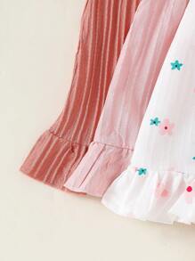 SHEIN 3 件套女童夏季连衣裙套装，蝴蝶结肩带纯色和条纹休闲日常连衣裙 - 彩色 - 查看 3