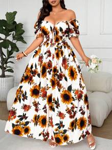 Flirla Plus Size Women Elegant Off Shoulder Short Sleeve Sunflower Print Dress, Vacation Wear - Apricot - View 1