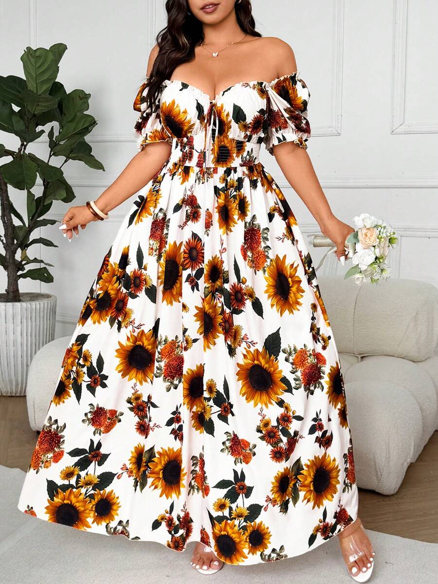 Flirla Plus Size Women Elegant Off Shoulder Short Sleeve Sunflower Print Dress, Vacation Wear - Apricot - View 1